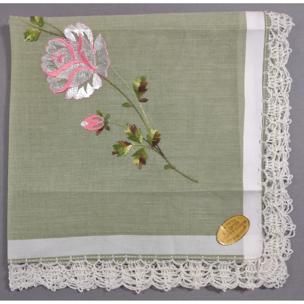 Vtg 100% cotton hankie, embroidered rose, crochet edge 12.25 x 12.5
